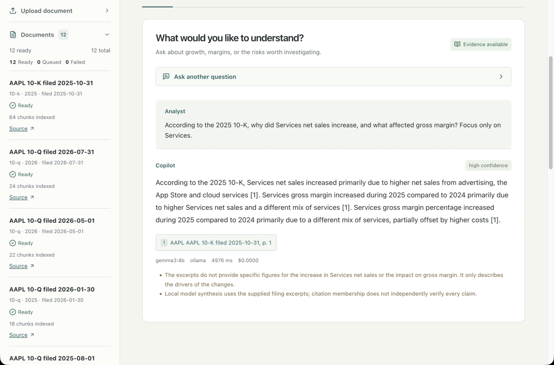 Recorded Apple filing research with a cited Gemma answer and visible Ollama model metadata.